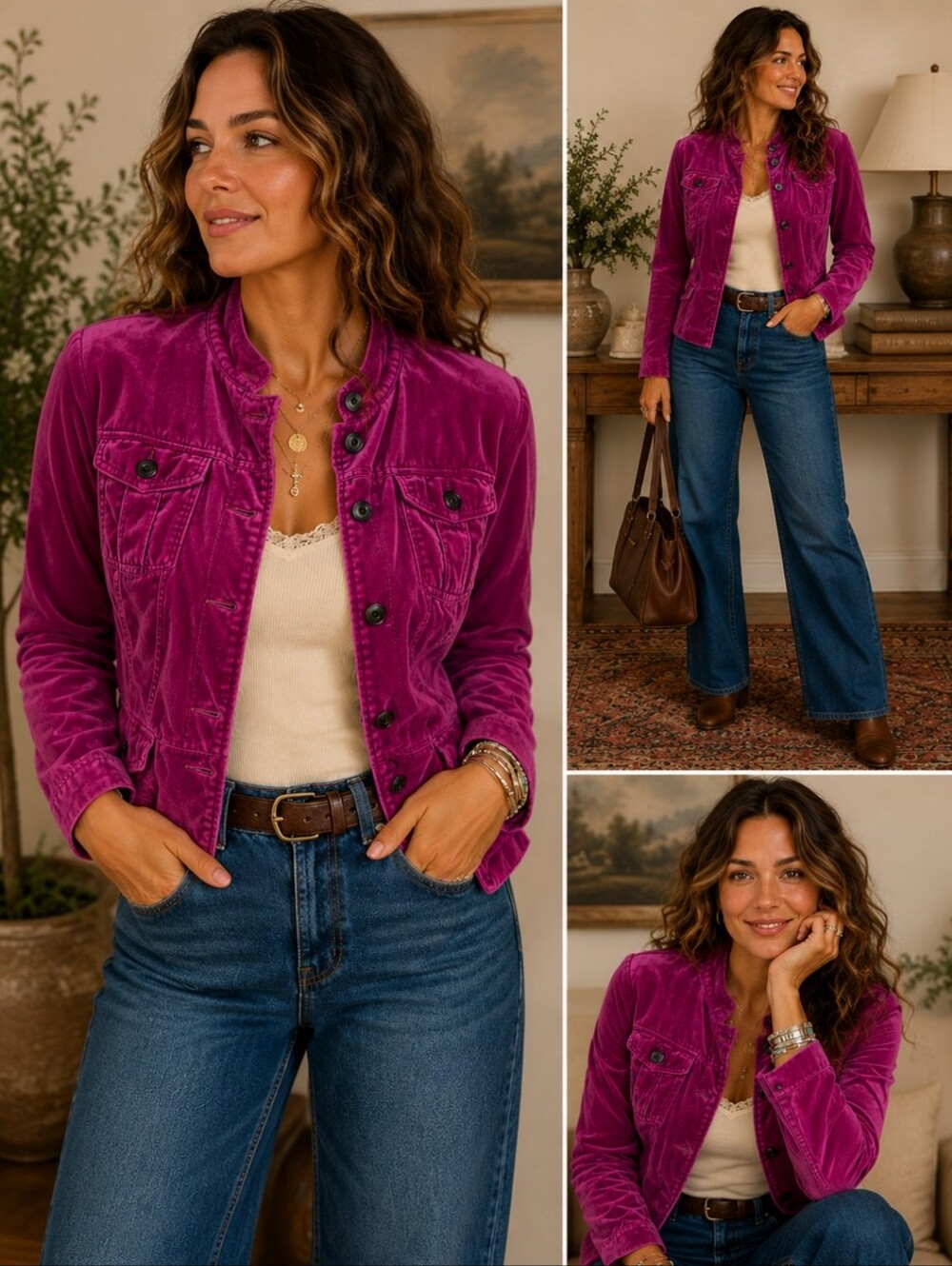 Covington ~ Vintage Magenta Velvet Button-Down Utility Jacket ~ Large